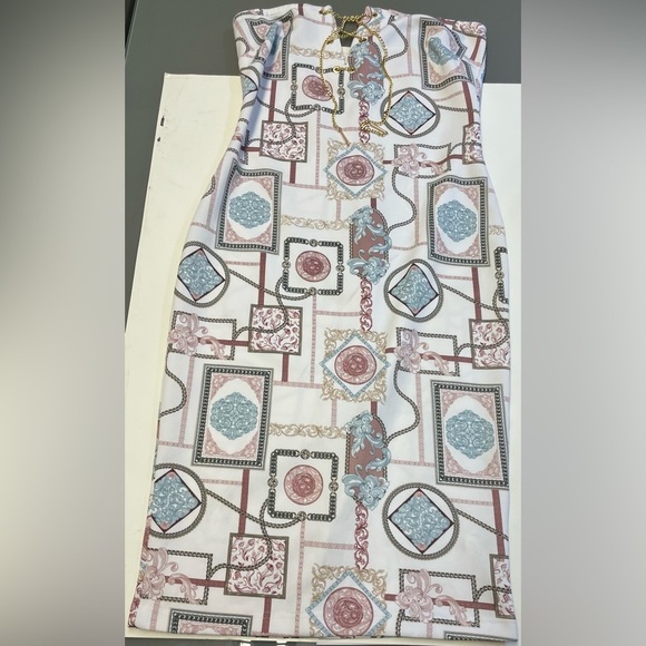 Guess strapless bodycon gold hardware tie vneck knee length dress size Medium - Picture 6 of 11